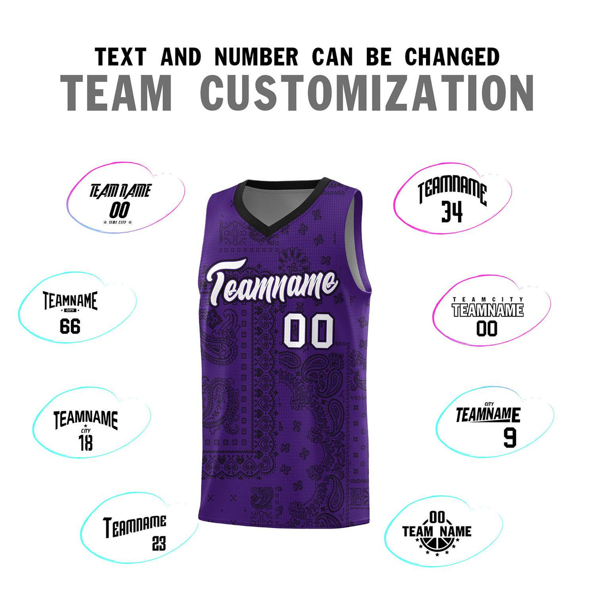 Custom Purple Basketball Kits With Black Cashew Flower Print Pattern
