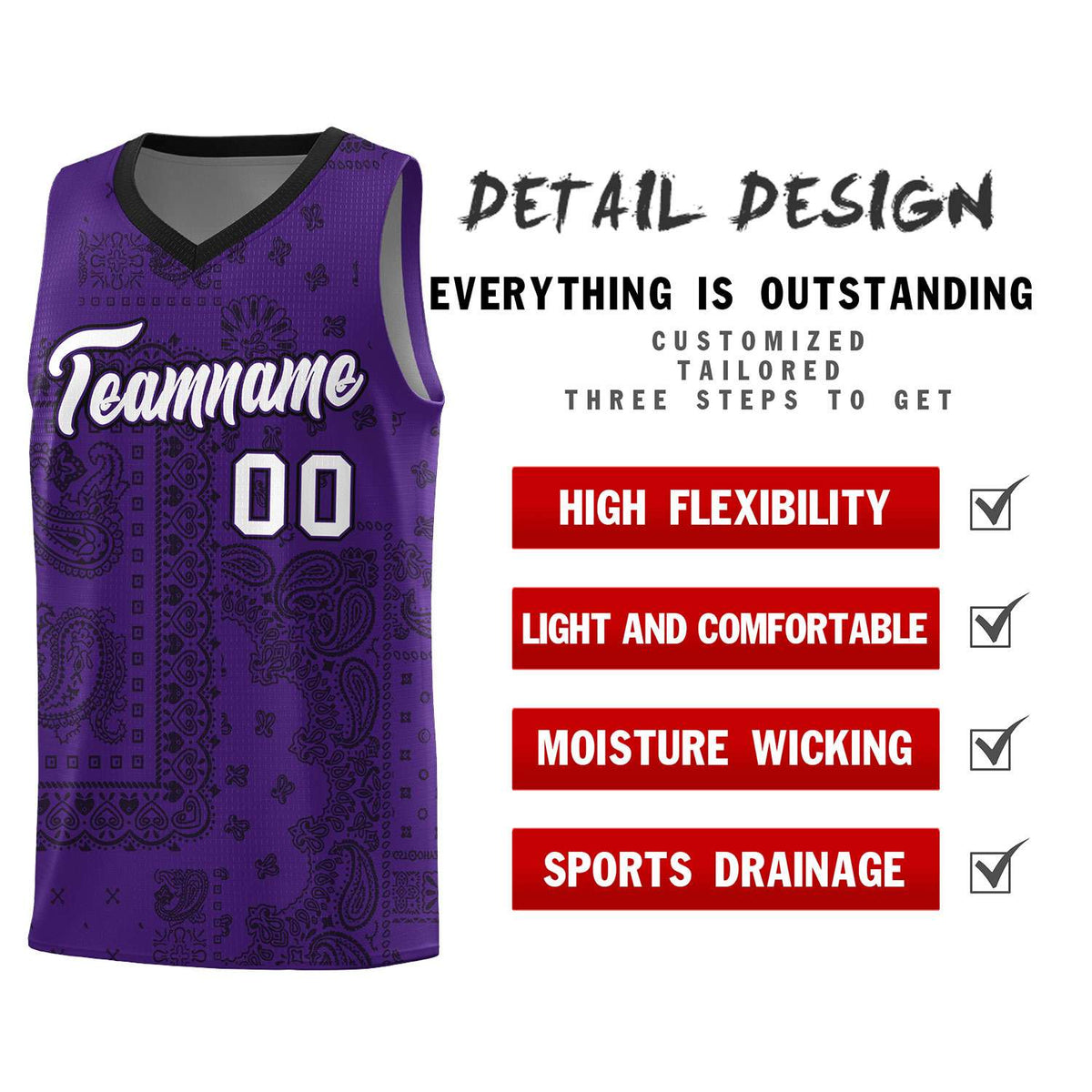Custom Purple Basketball Kits With Black Cashew Flower Print Pattern