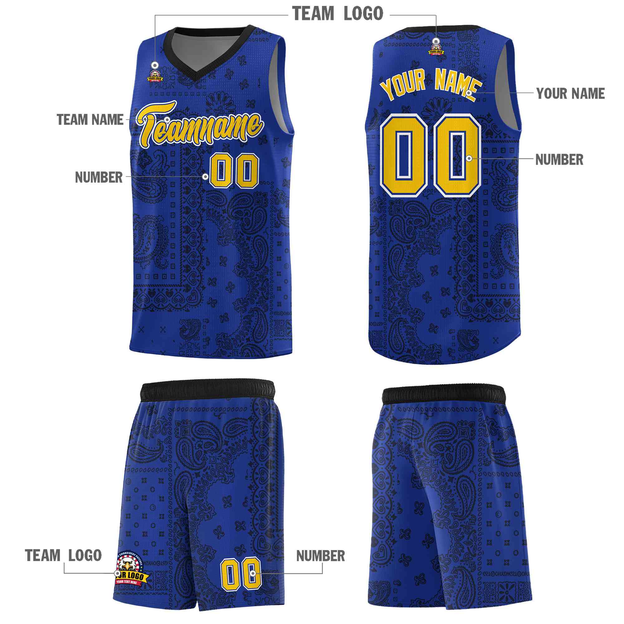 Custom Royal Basketball Kits With Black Cashew Flower Print Pattern