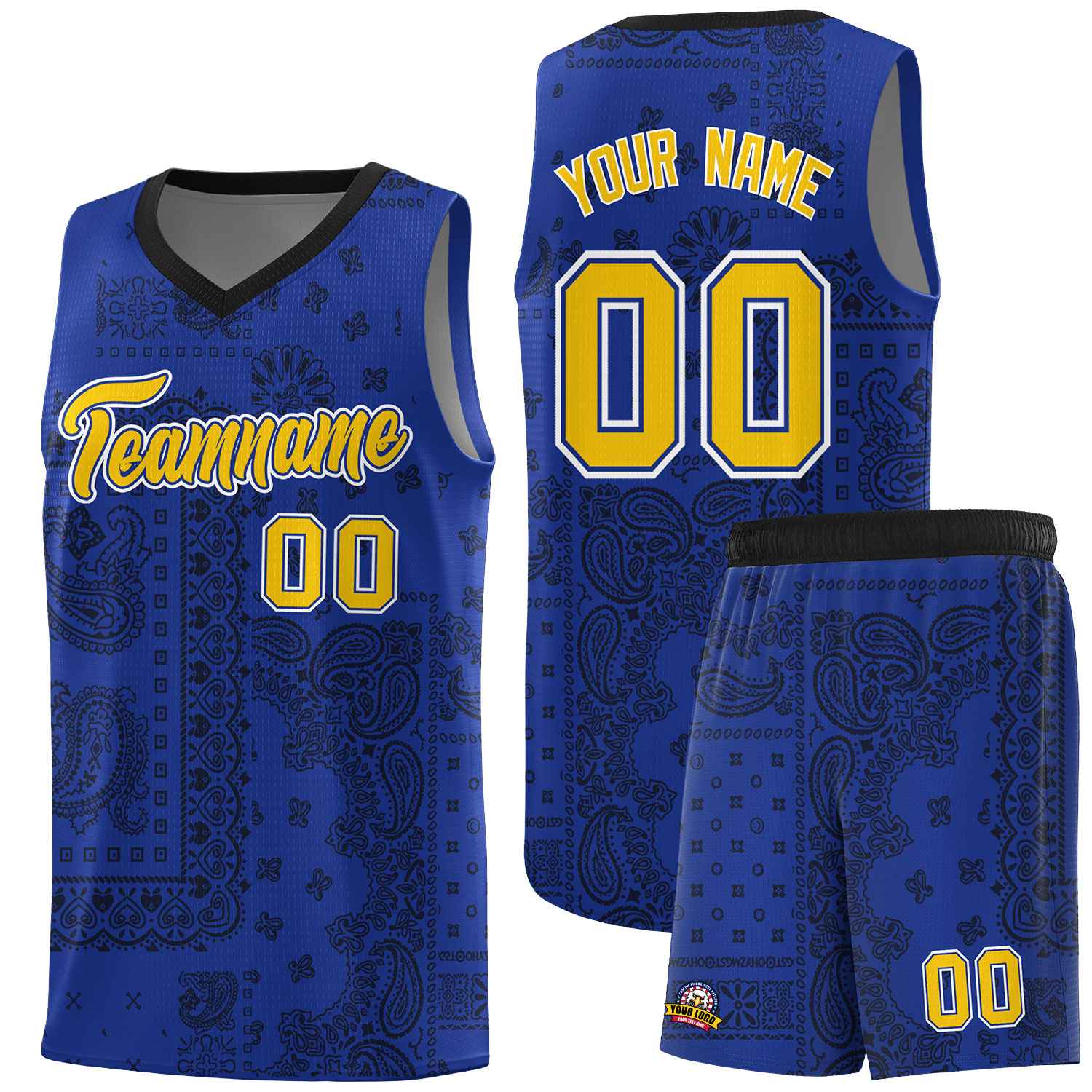 Custom Royal Basketball Kits With Black Cashew Flower Print Pattern