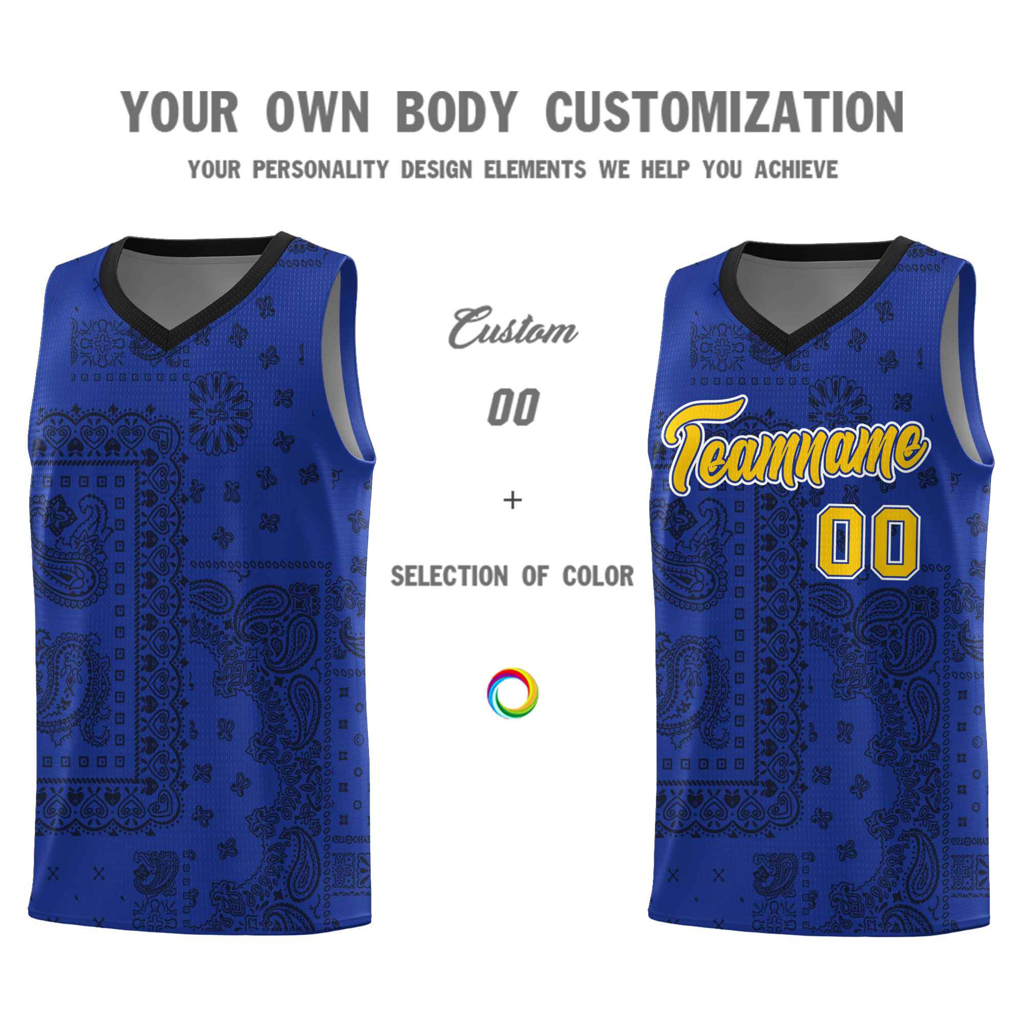Custom Royal Basketball Kits With Black Cashew Flower Print Pattern