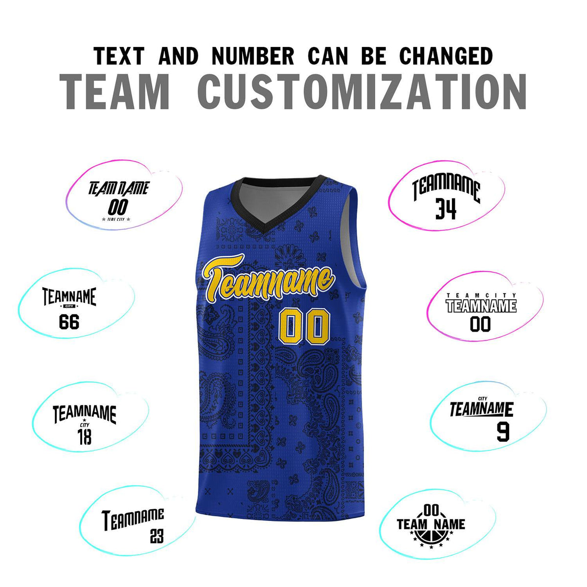 Custom Royal Basketball Kits With Black Cashew Flower Print Pattern