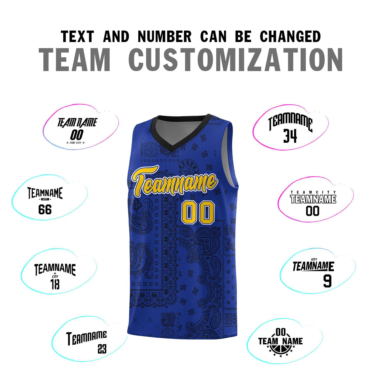 Custom Royal Basketball Kits With Black Cashew Flower Print Pattern