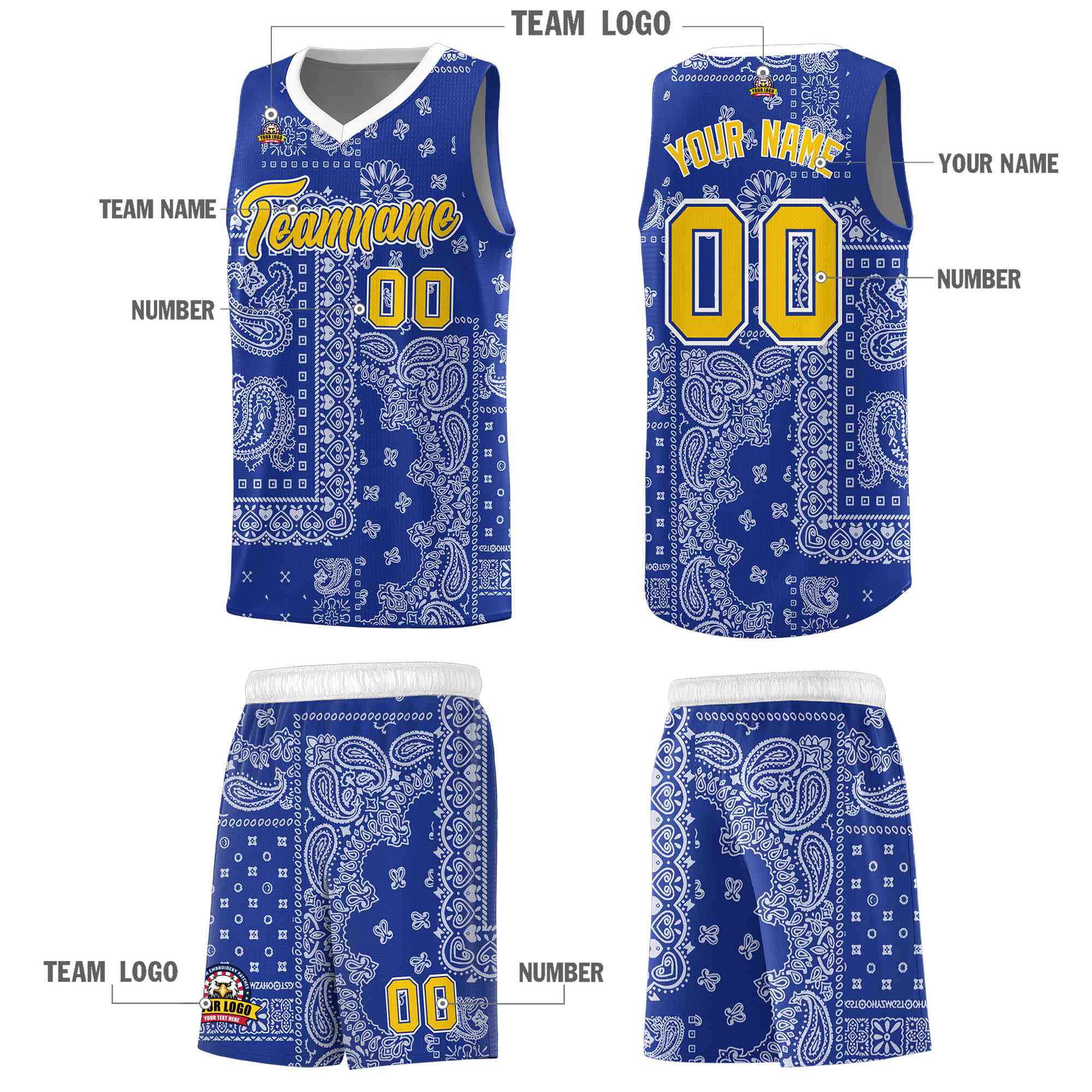 Custom Royal Basketball Kits With White Cashew Flower Print Pattern