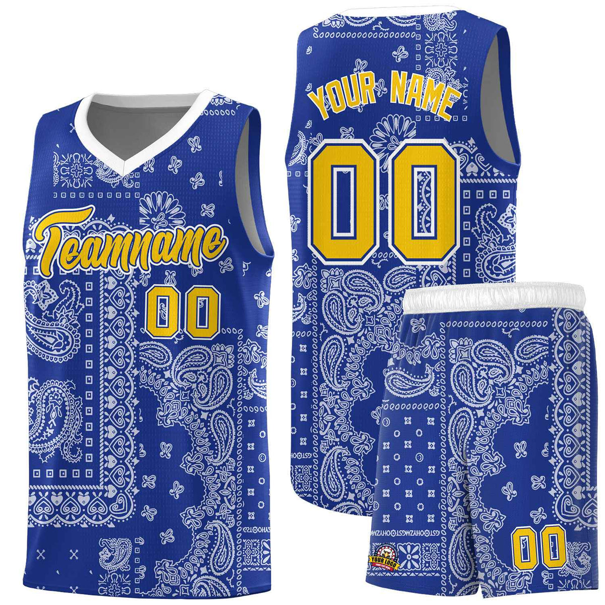 Custom Royal Basketball Kits With White Cashew Flower Print Pattern
