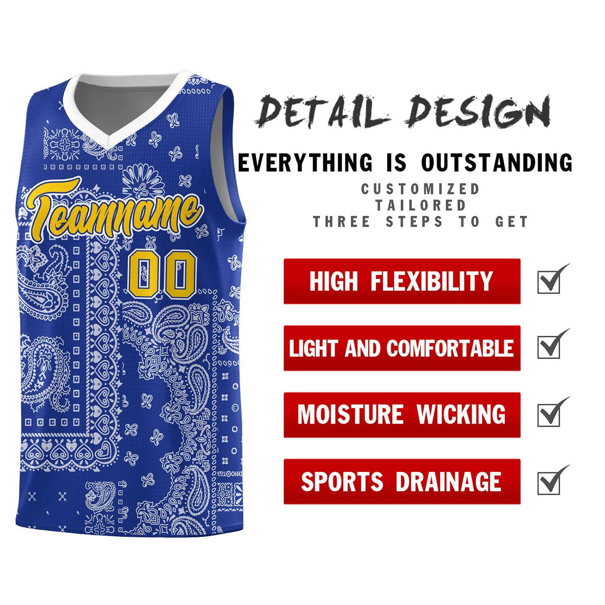 Custom Royal Basketball Kits With White Cashew Flower Print Pattern
