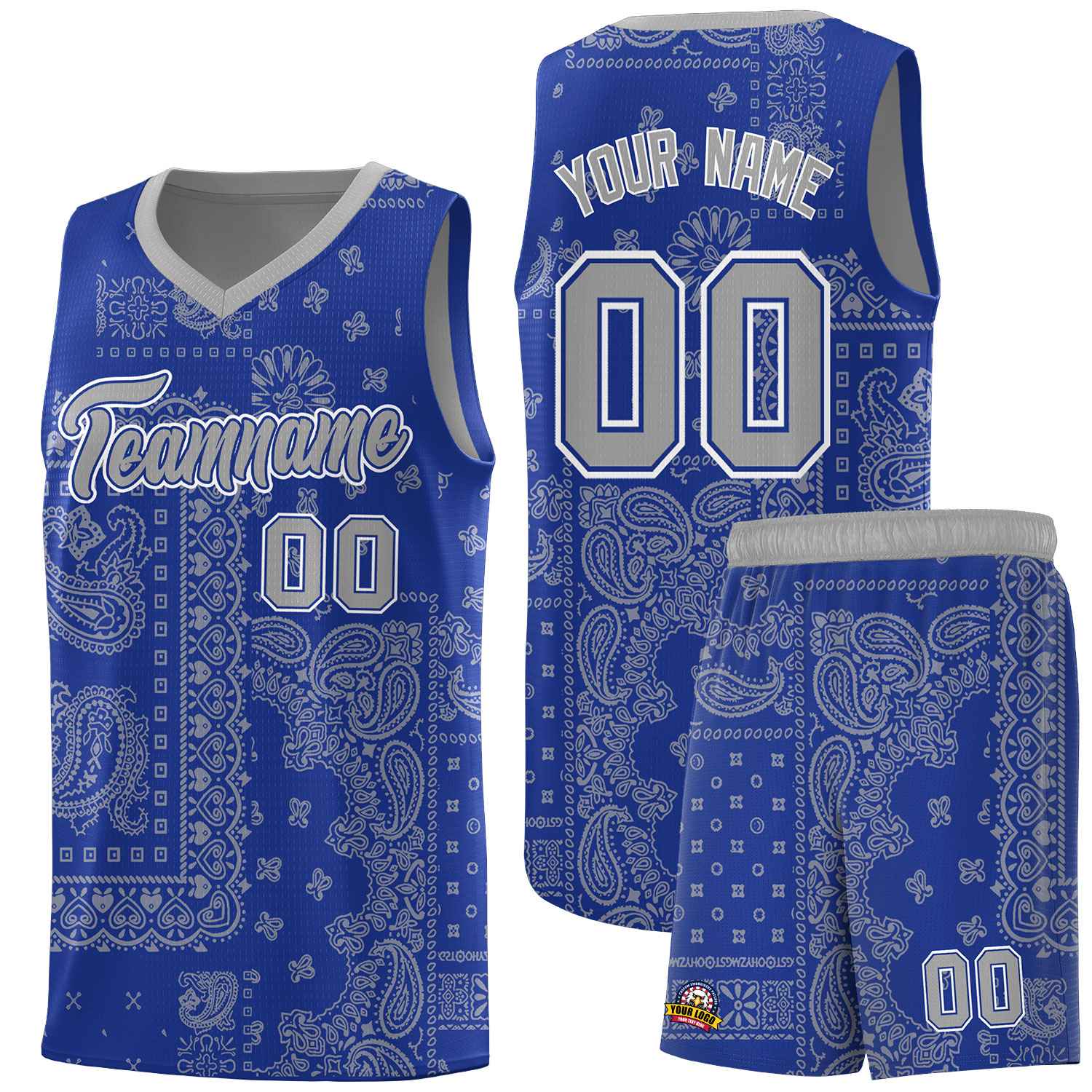 Custom Royal Basketball Kits With Silver Cashew Flower Print Pattern