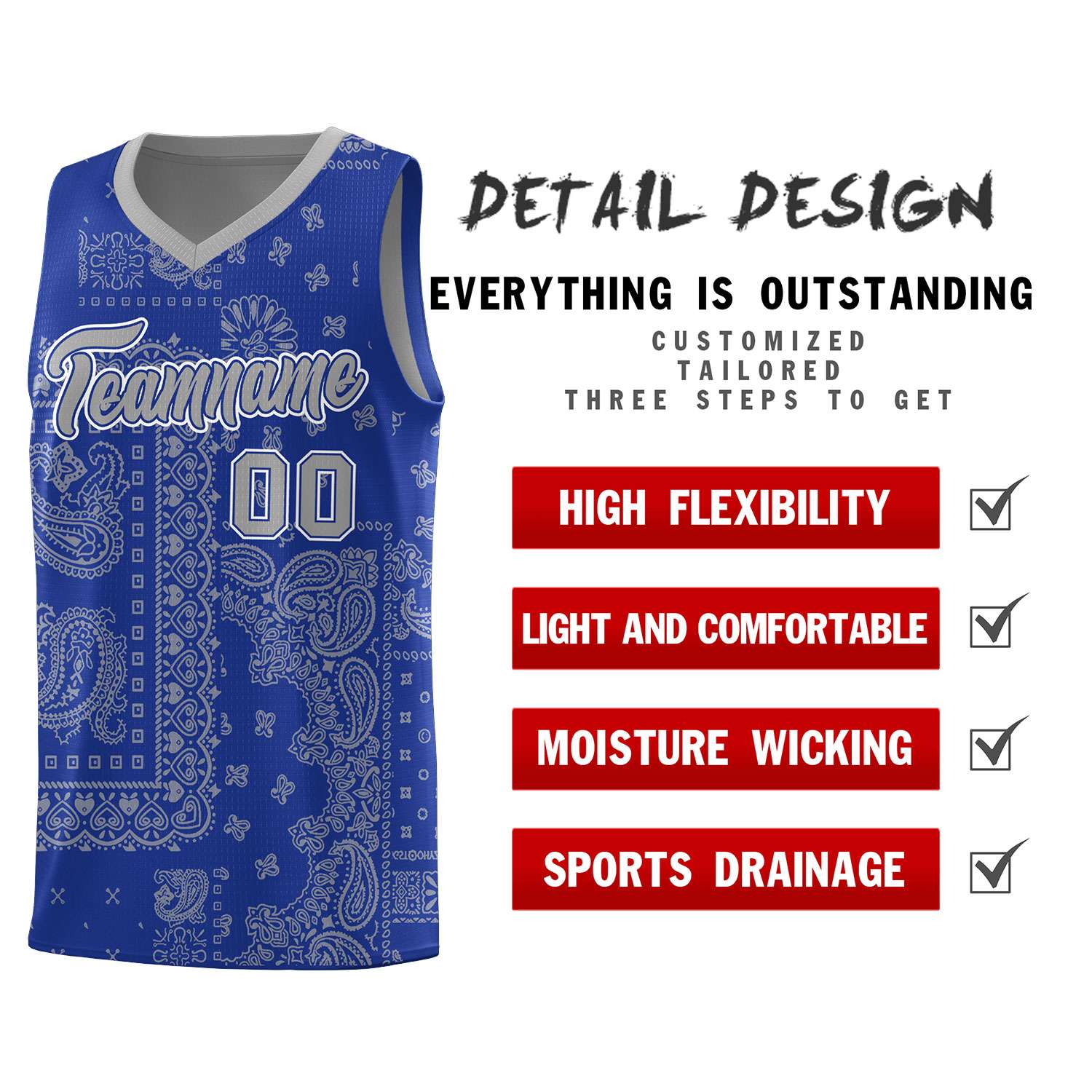 Custom Royal Basketball Kits With Silver Cashew Flower Print Pattern