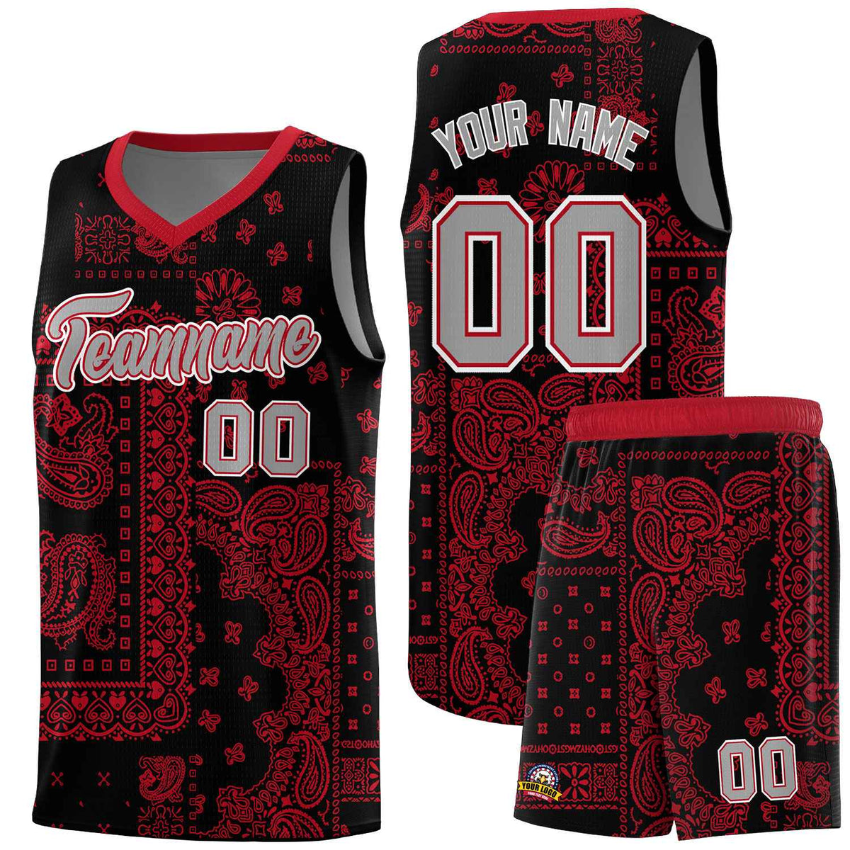 Custom Black Basketball Kits With Red Cashew Flower Print Pattern