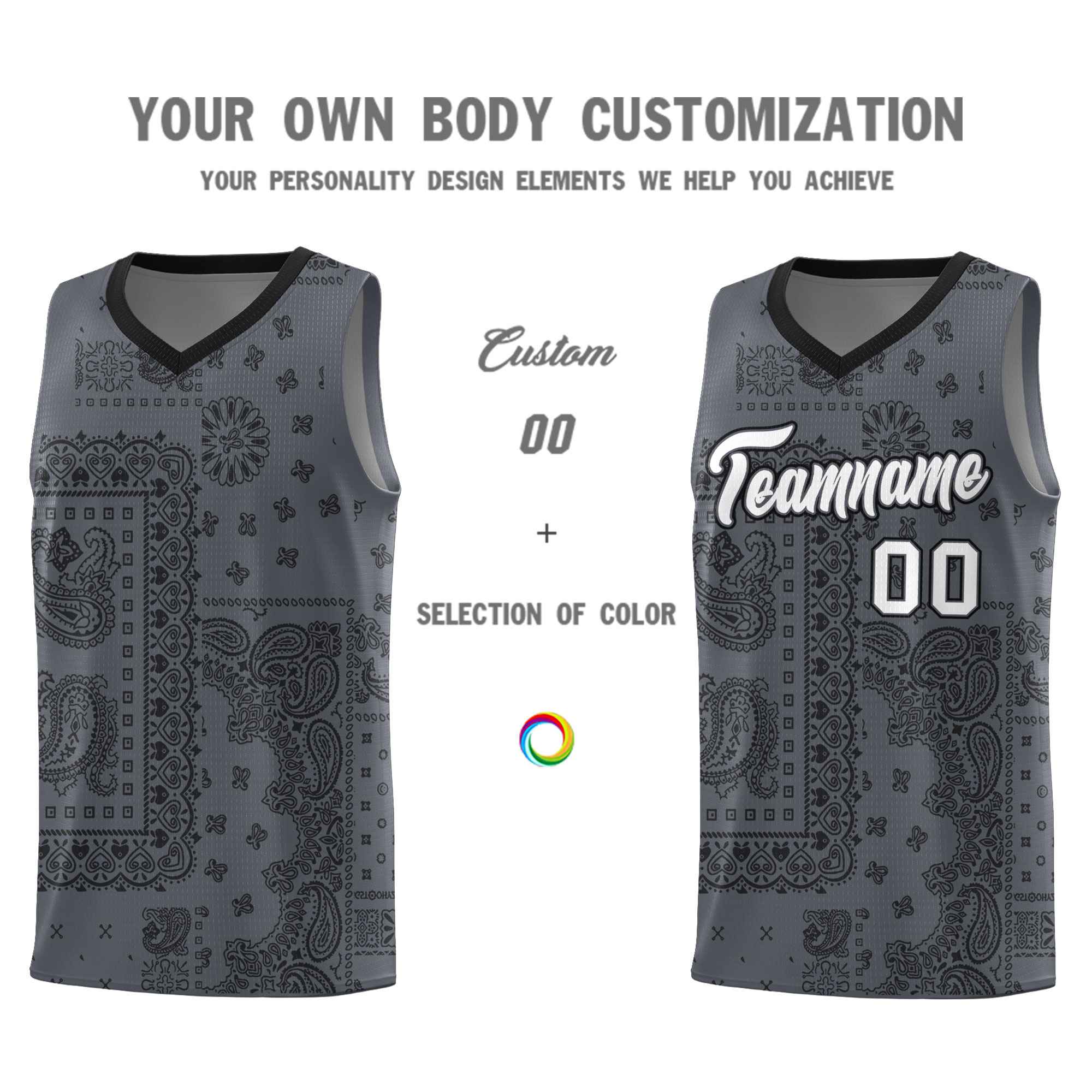 Custom Gray Basketball Kits With Black Cashew Flower Print Pattern