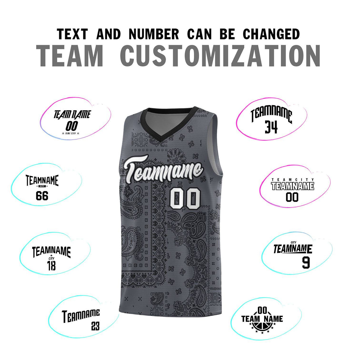 Custom Gray Basketball Kits With Black Cashew Flower Print Pattern