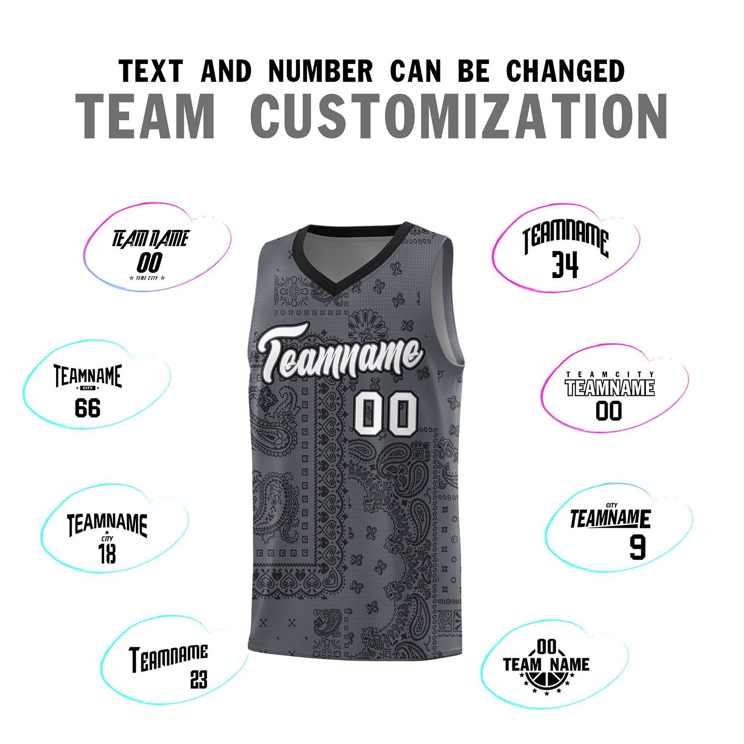 Custom Gray Basketball Kits With Black Cashew Flower Print Pattern