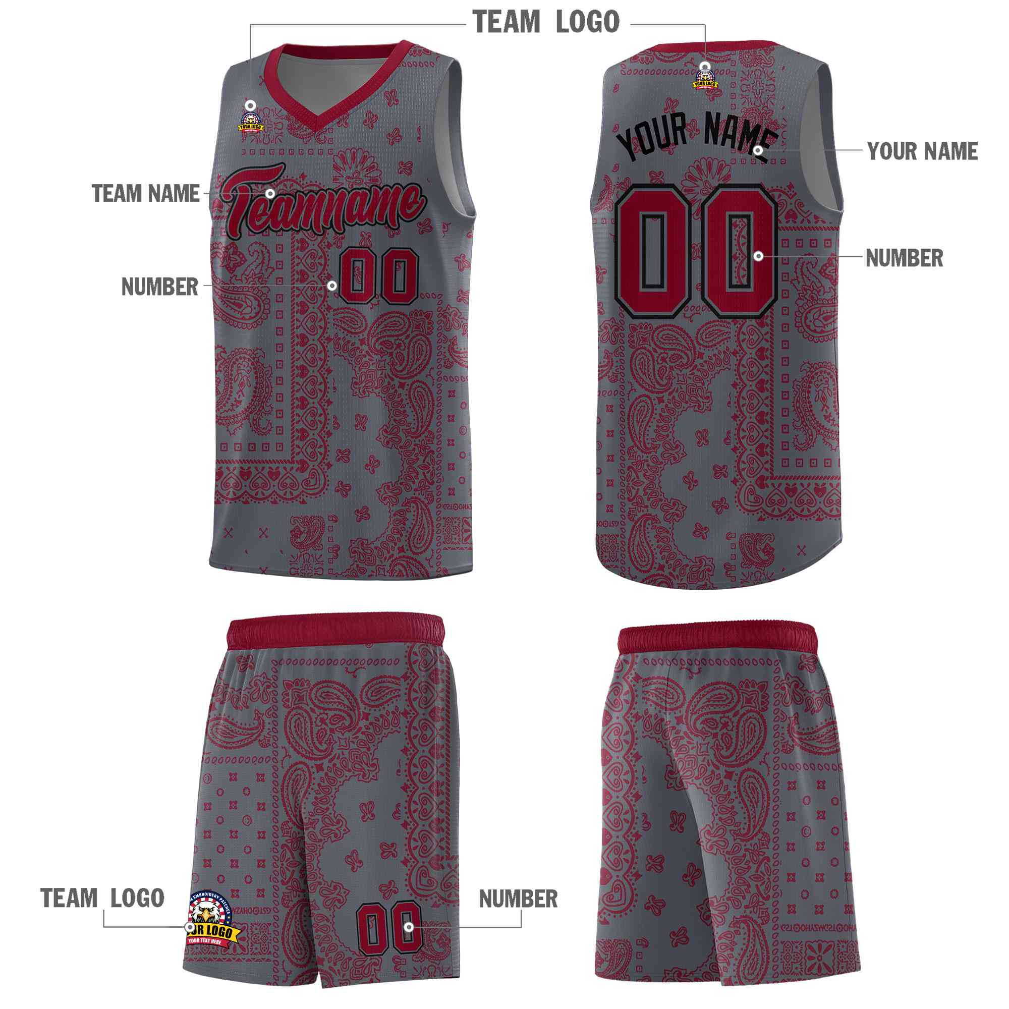 Custom Gray Basketball Kits With Crimson Cashew Flower Print Pattern