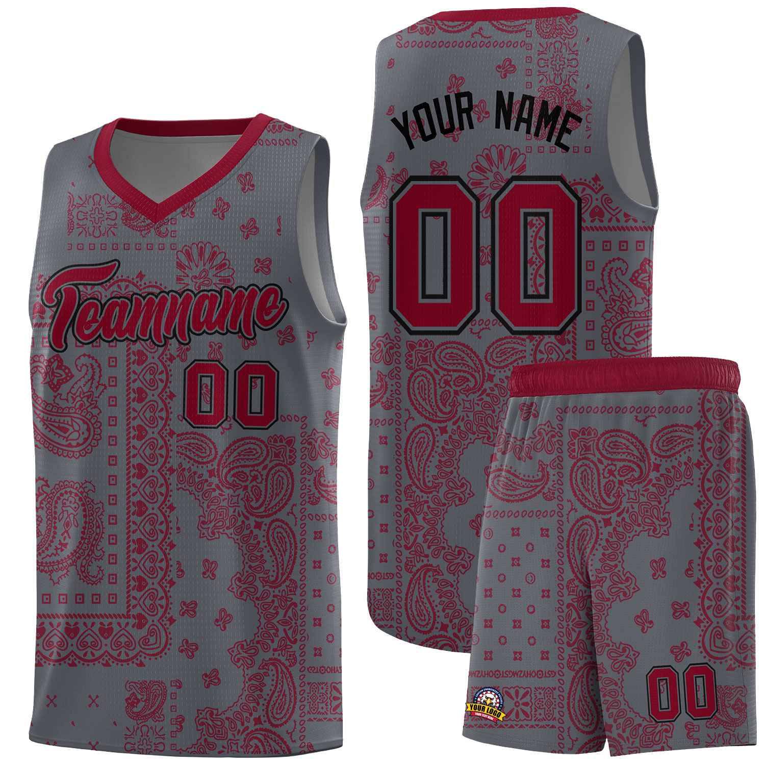 Custom Gray Basketball Kits With Crimson Cashew Flower Print Pattern