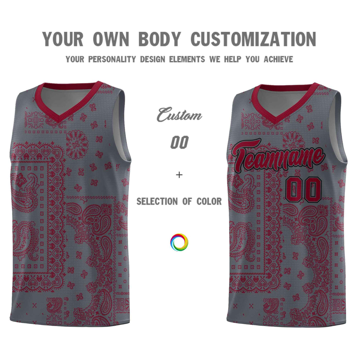 Custom Gray Basketball Kits With Crimson Cashew Flower Print Pattern
