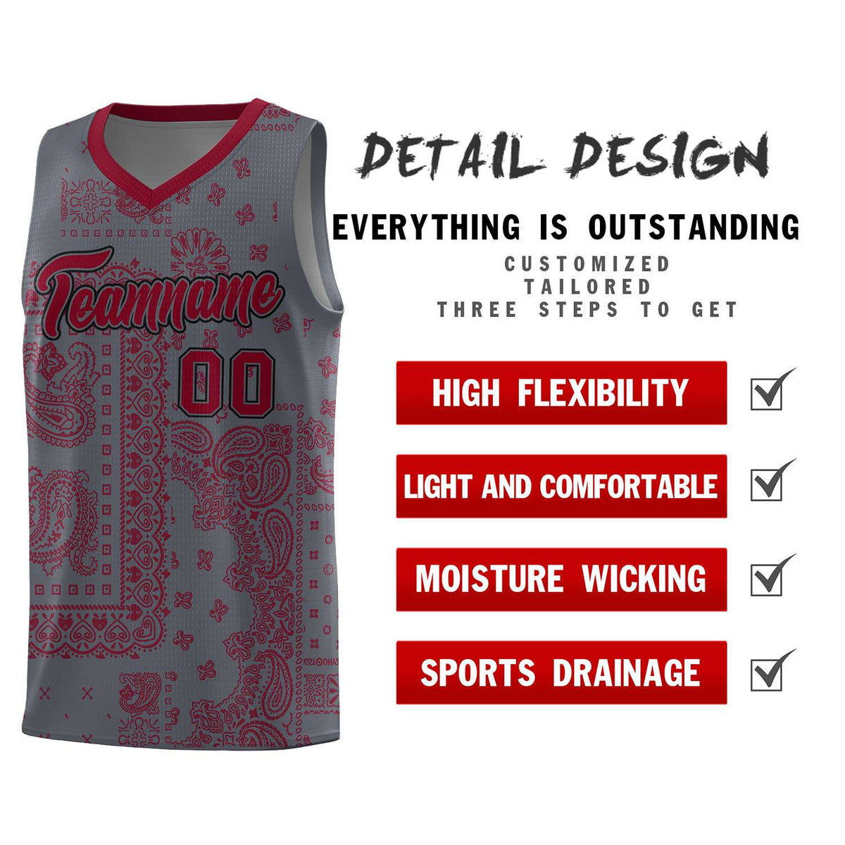 Custom Gray Basketball Kits With Crimson Cashew Flower Print Pattern