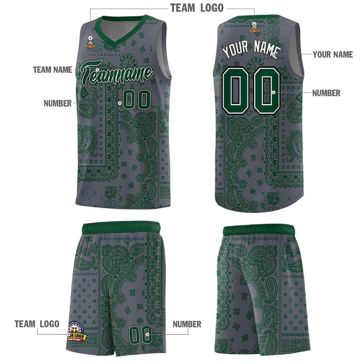Custom Gray Basketball Kits With Kelly Green Cashew Flower Print Pattern