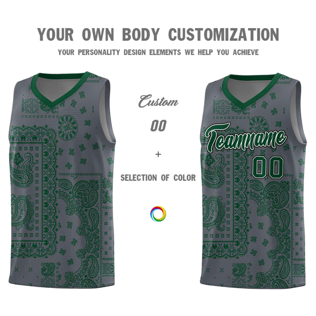 Custom Gray Basketball Kits With Kelly Green Cashew Flower Print Pattern