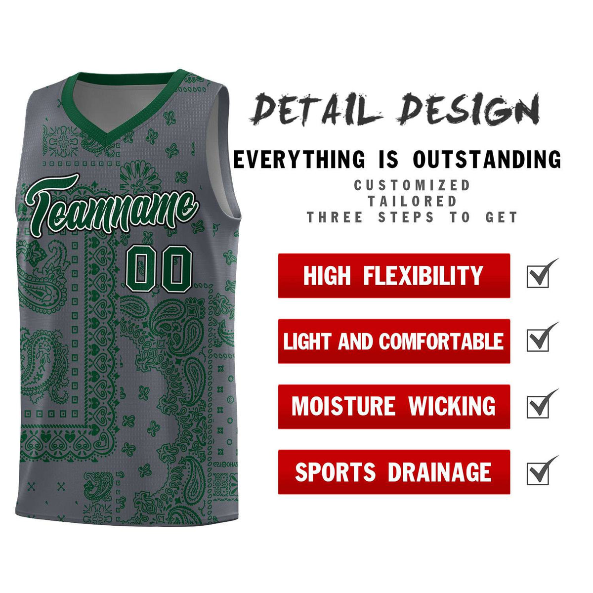 Custom Gray Basketball Kits With Kelly Green Cashew Flower Print Pattern