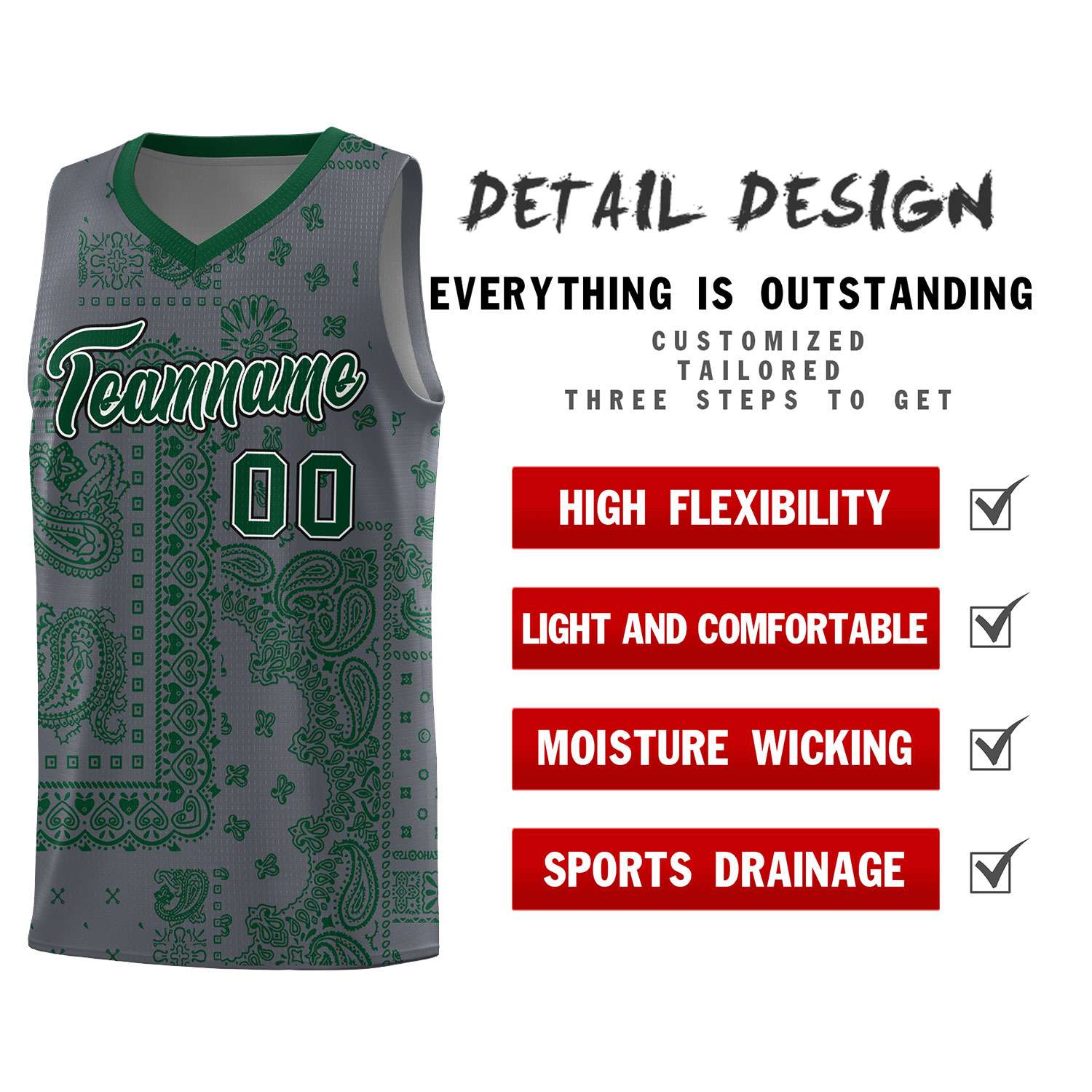 Custom Gray Basketball Kits With Kelly Green Cashew Flower Print Pattern