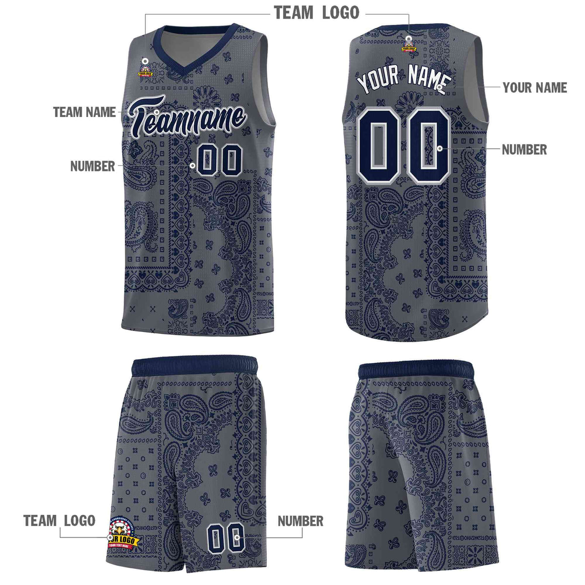 Custom Gray Basketball Kits With Navy Cashew Flower Print Pattern