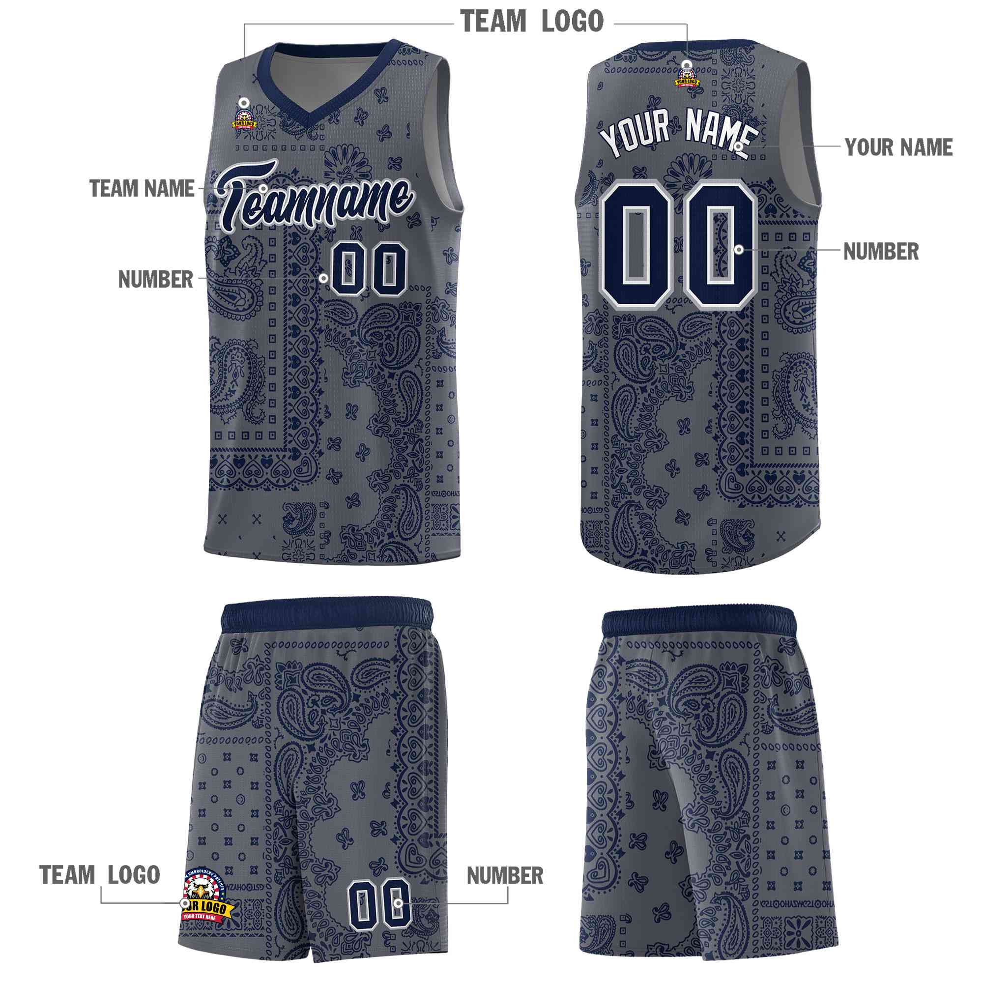 Custom Gray Basketball Kits With Navy Cashew Flower Print Pattern