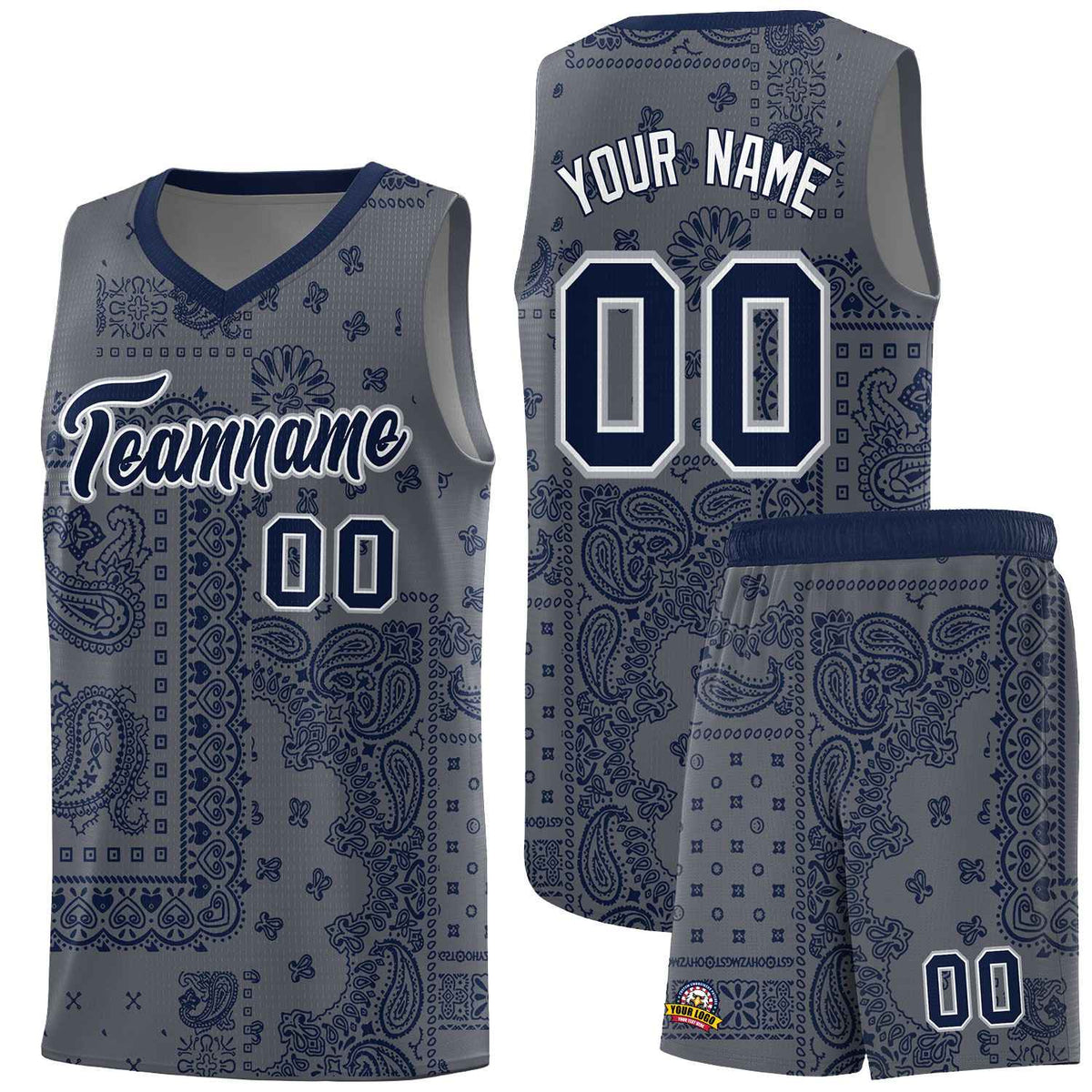 Custom Gray Basketball Kits With Navy Cashew Flower Print Pattern