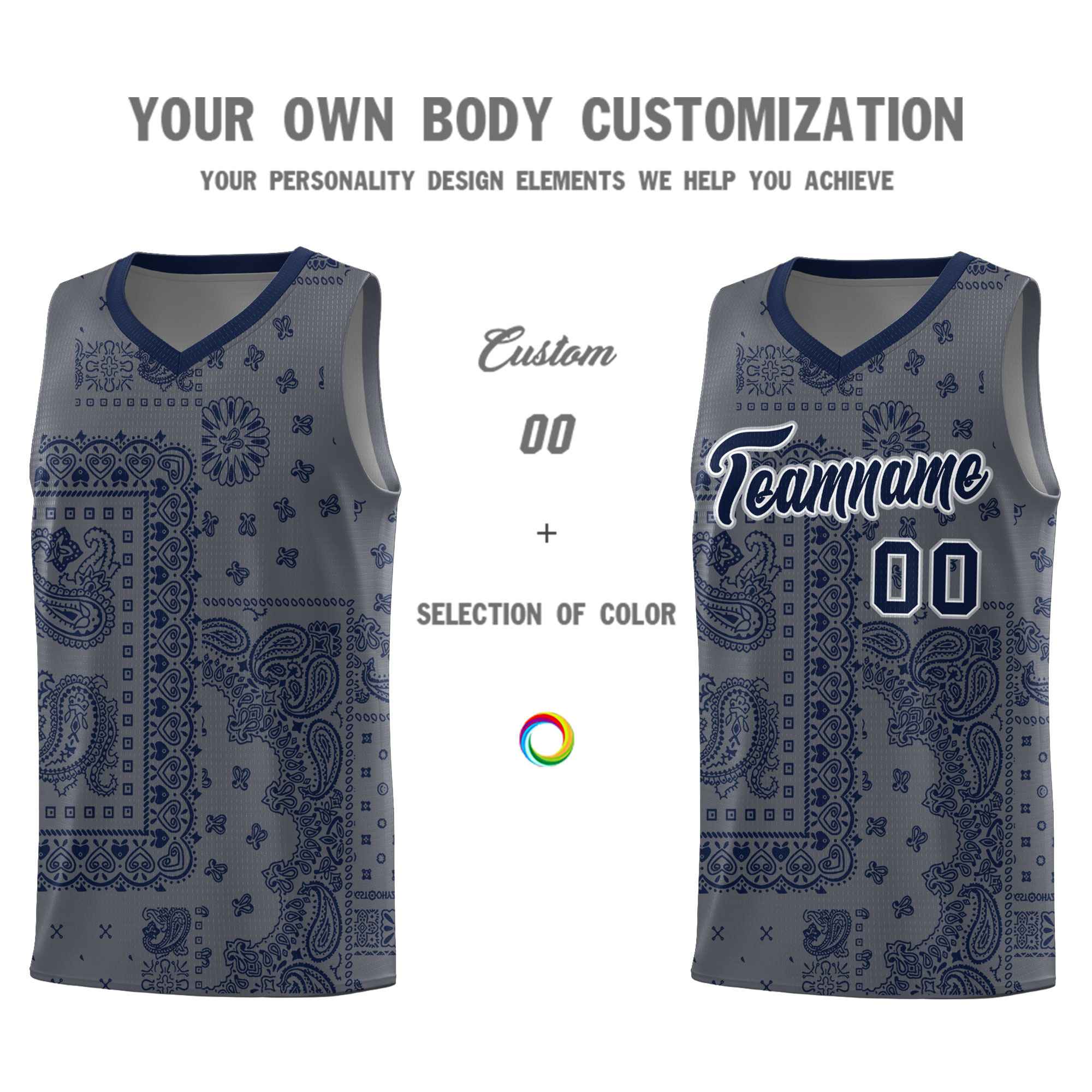 Custom Gray Basketball Kits With Navy Cashew Flower Print Pattern