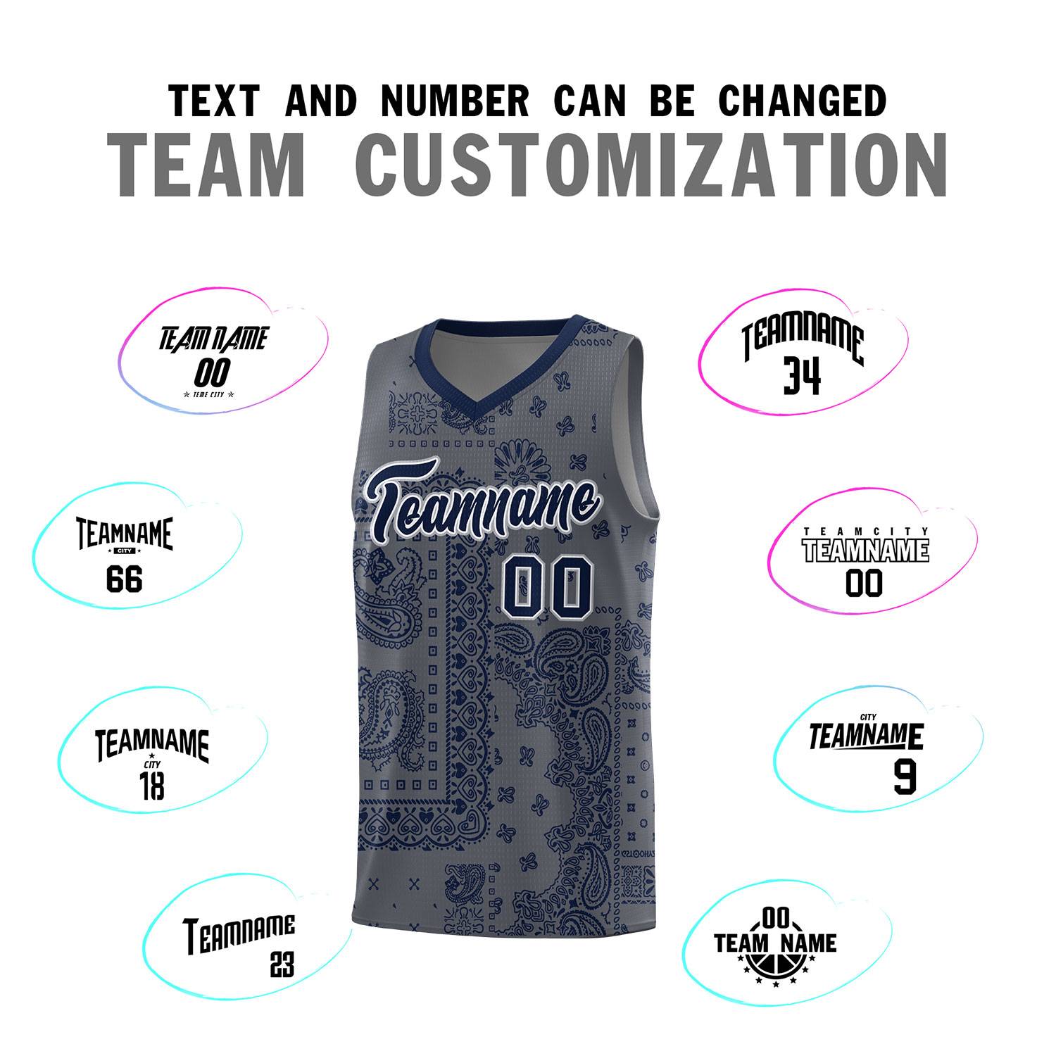 Custom Gray Basketball Kits With Navy Cashew Flower Print Pattern