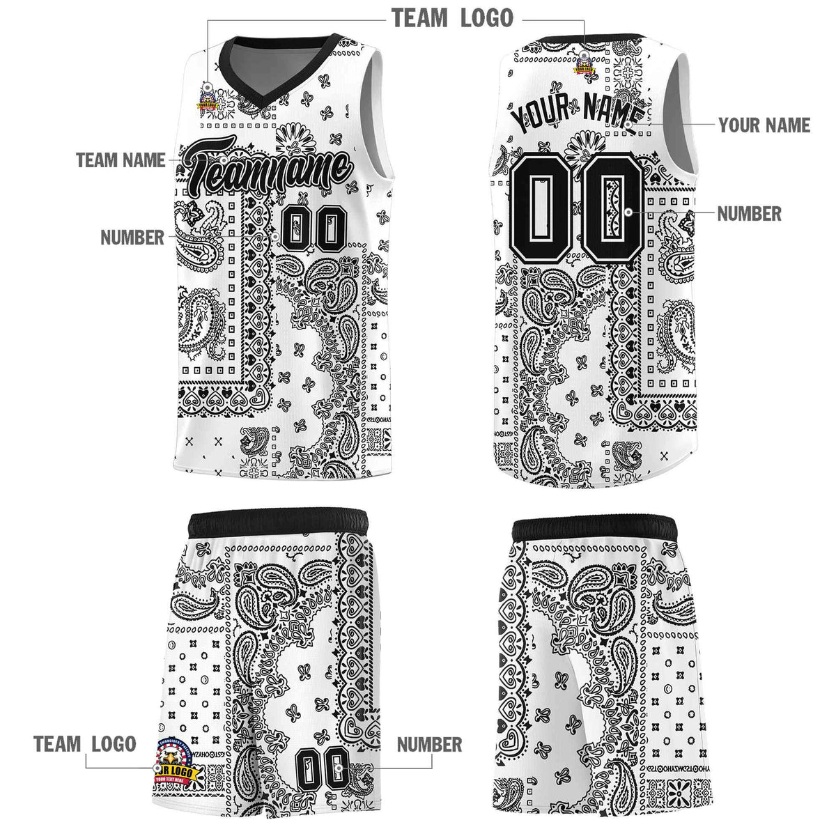 Custom White Basketball Kits With Black Cashew Flower Print Pattern