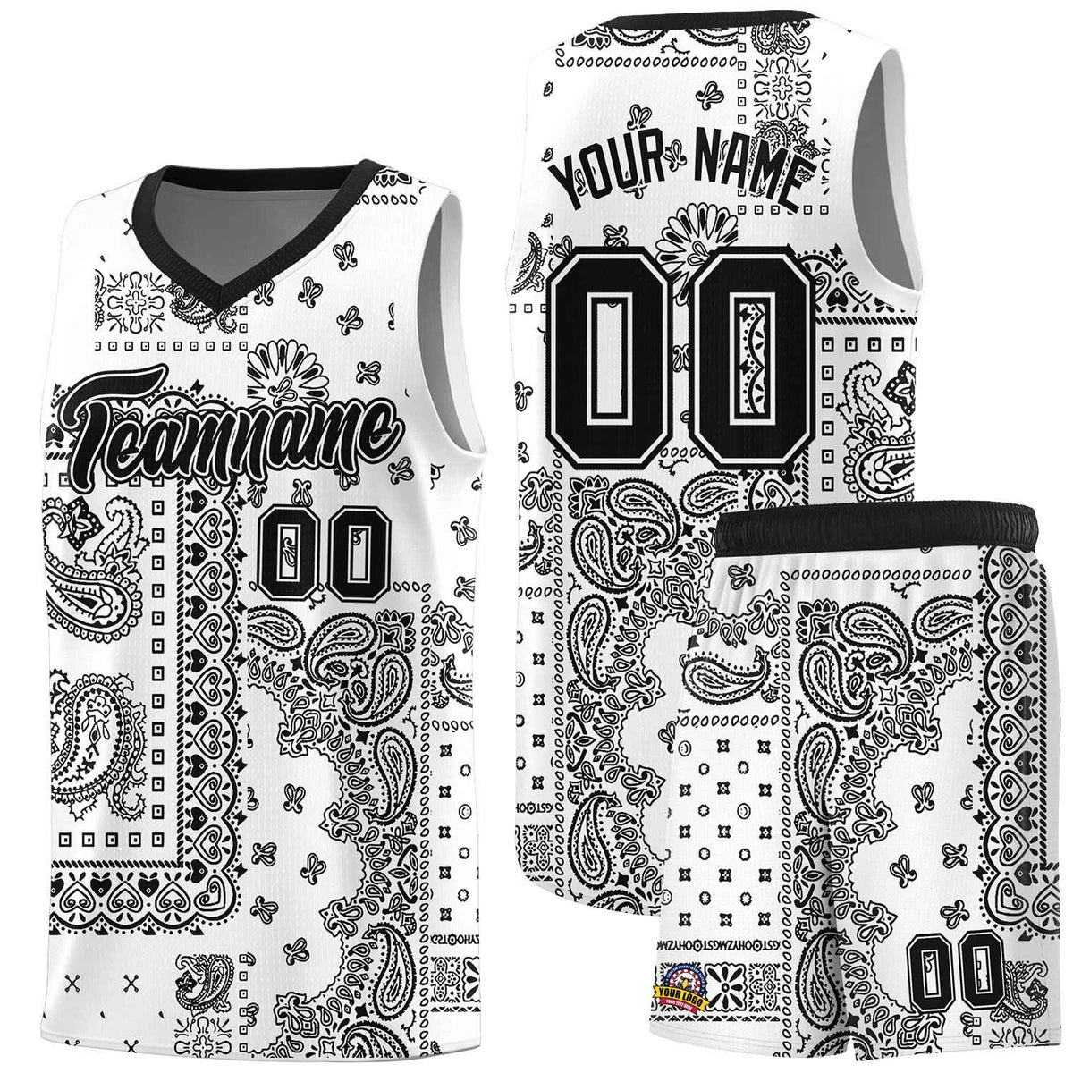 Custom White Basketball Kits With Black Cashew Flower Print Pattern