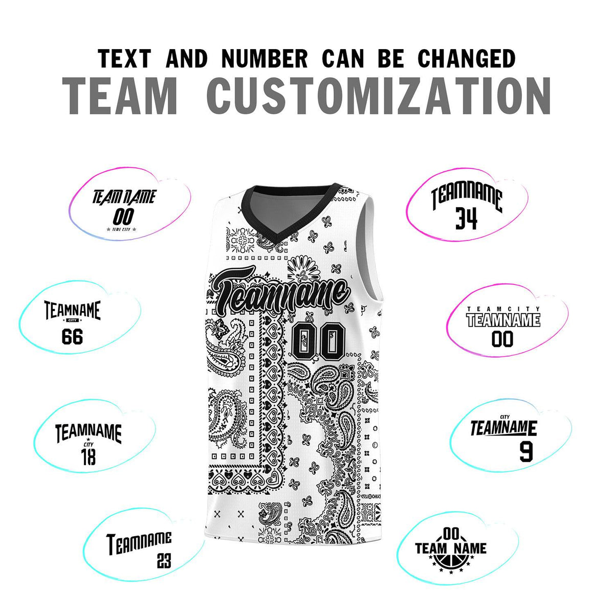 Custom White Basketball Kits With Black Cashew Flower Print Pattern