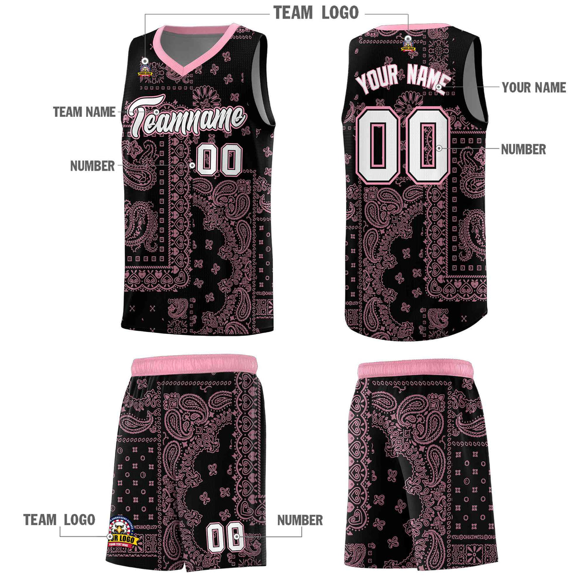 Custom Black Basketball Kits With Light Pink Cashew Flower Print Pattern