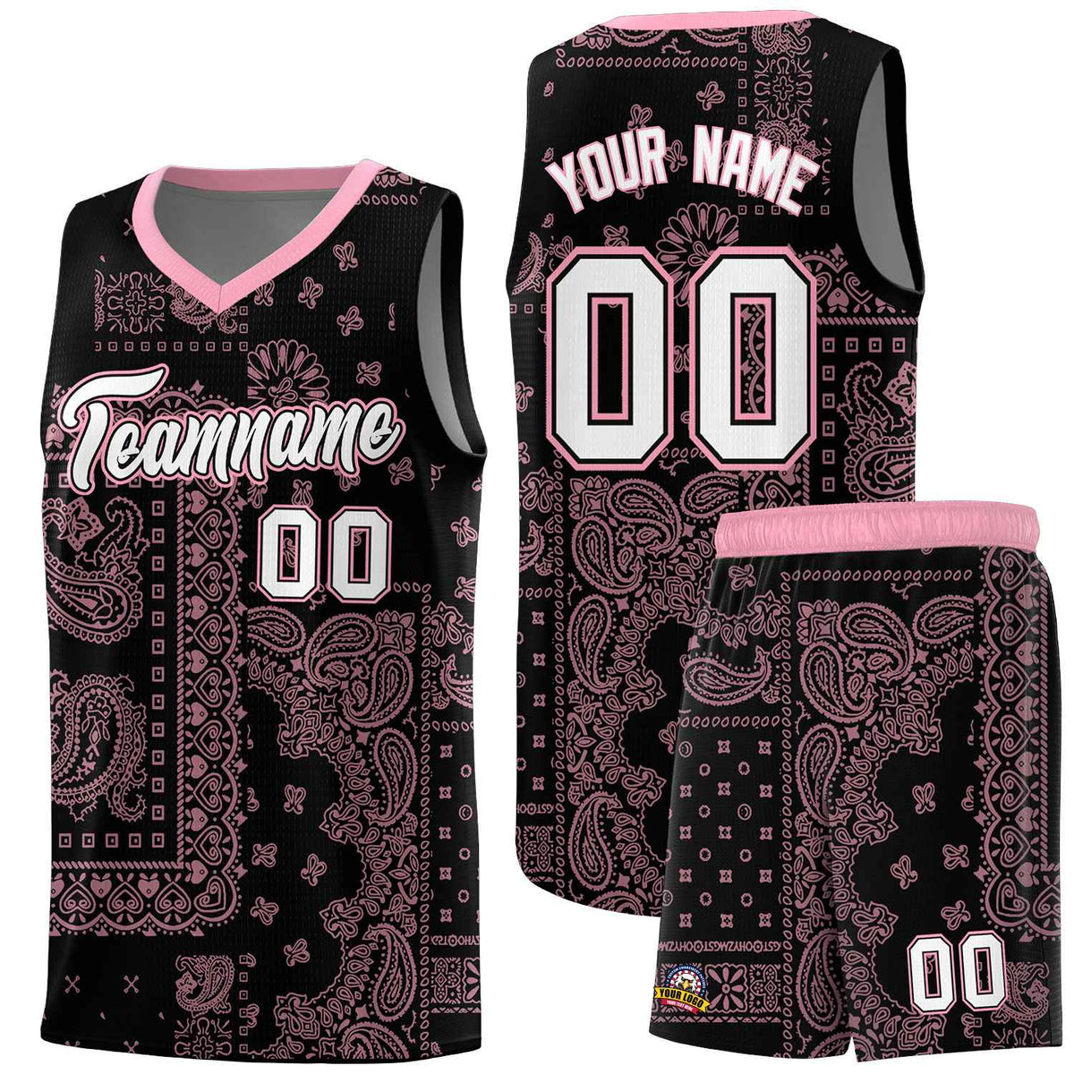 Custom Black Basketball Kits With Light Pink Cashew Flower Print Pattern