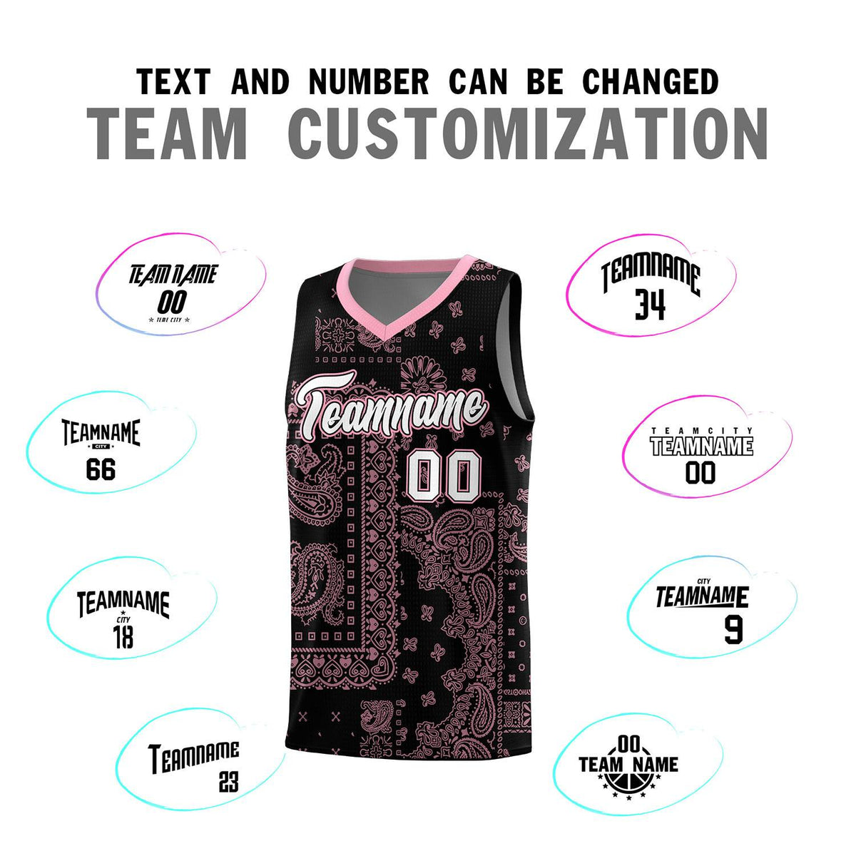 Custom Black Basketball Kits With Light Pink Cashew Flower Print Pattern