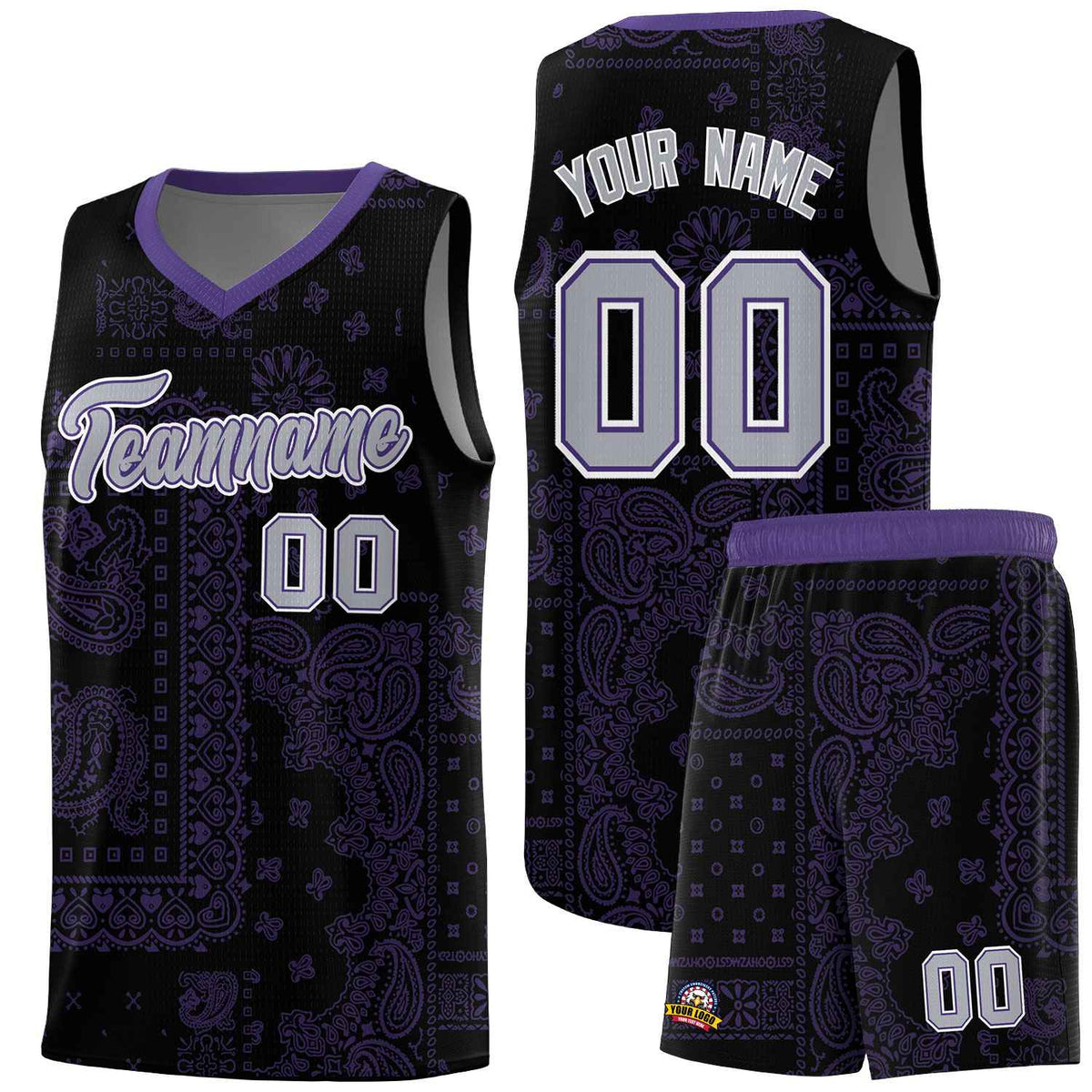 Custom Black Basketball Kits With Purple Cashew Flower Print Pattern