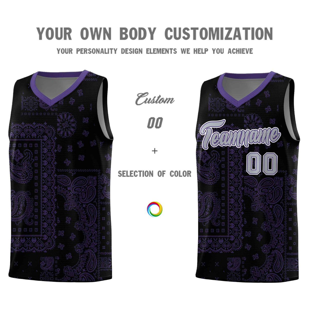 Custom Black Basketball Kits With Purple Cashew Flower Print Pattern