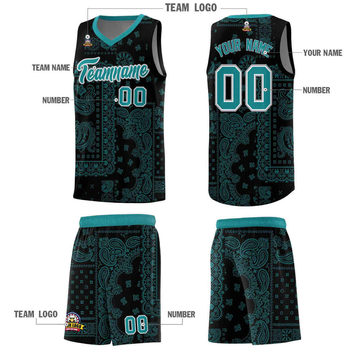 Custom Black Basketball Kits With Aqua Cashew Flower Print Pattern