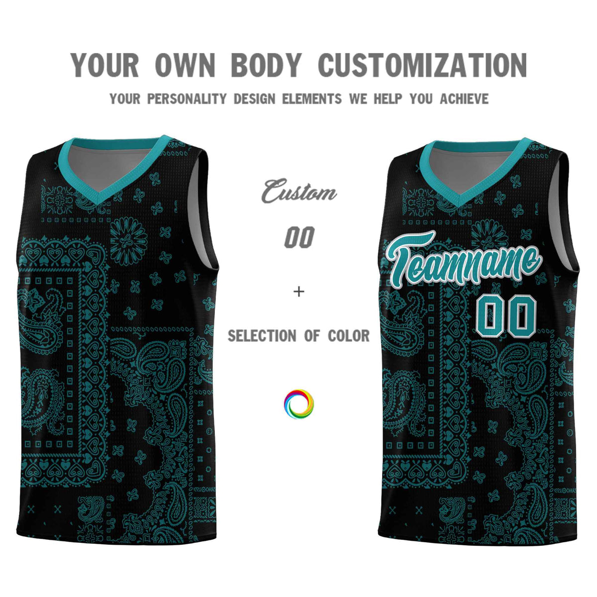 Custom Black Basketball Kits With Aqua Cashew Flower Print Pattern