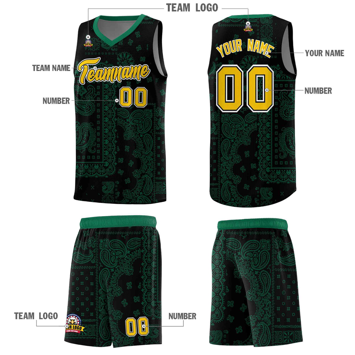 Custom Black Basketball Kits With Kelly Green Cashew Flower Print Pattern