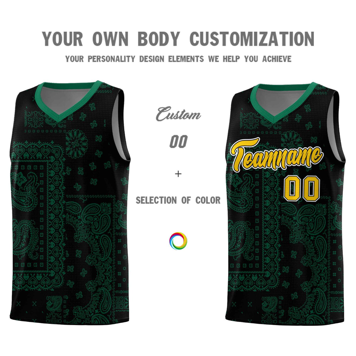 Custom Black Basketball Kits With Kelly Green Cashew Flower Print Pattern
