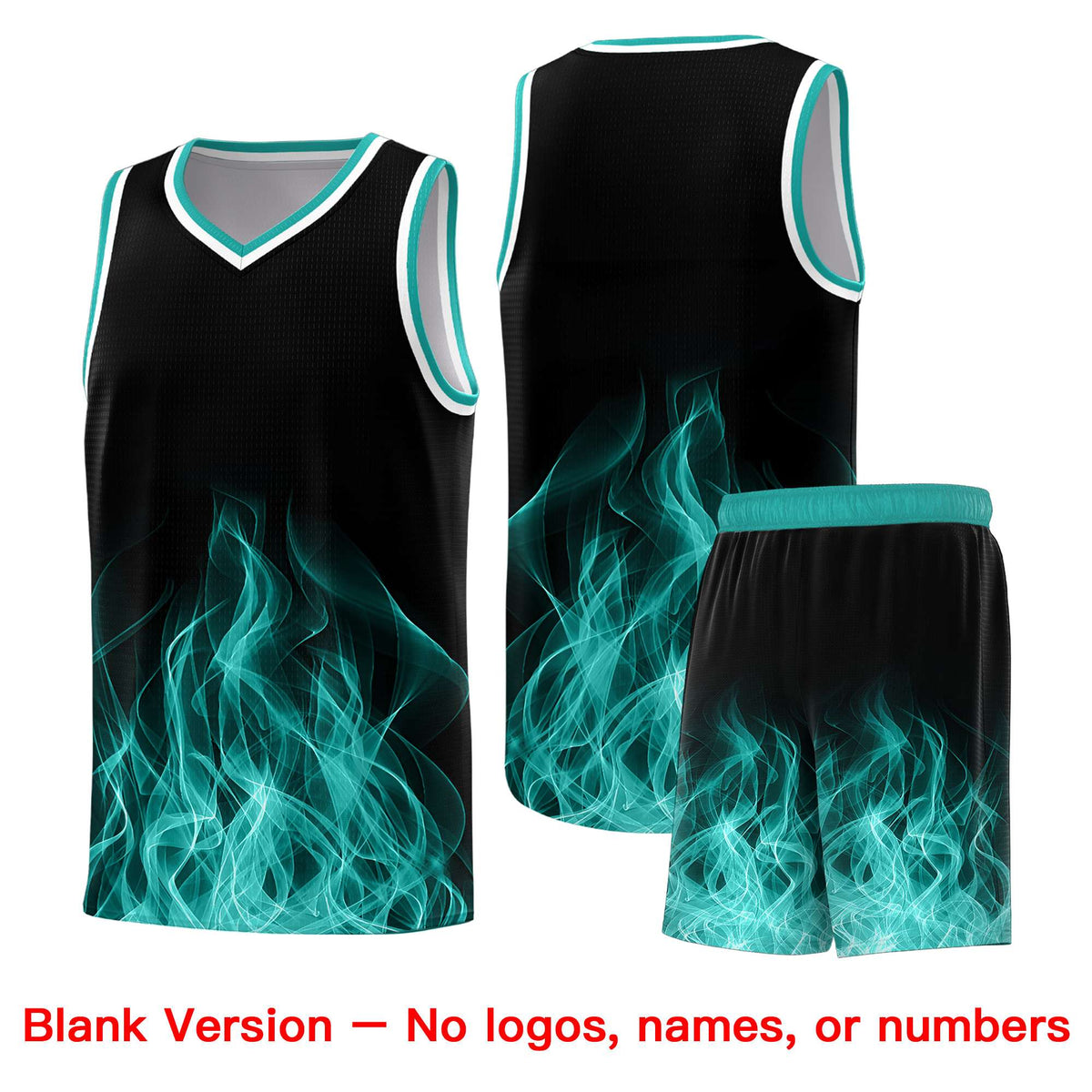 Custom Youth Basketball Jersey Black Aqua Flame Design Unique Team Uniform Set
