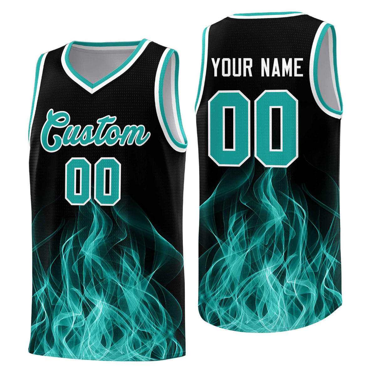 Custom Youth Basketball Jersey Black Aqua Flame Design Unique Team Uniform Set
