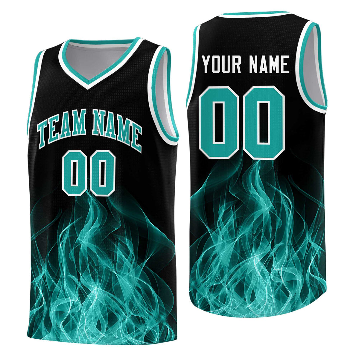 Custom Youth Basketball Jersey Black Aqua Flame Design Unique Team Uniform Set