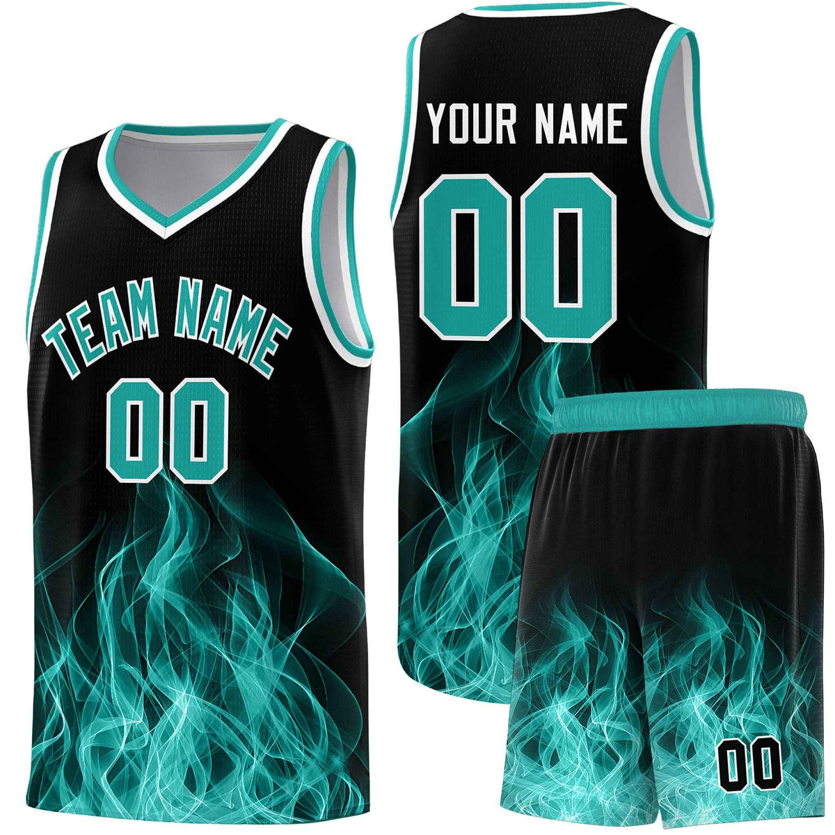 Custom Youth Basketball Jersey Black Aqua Flame Design Unique Team Uniform Set