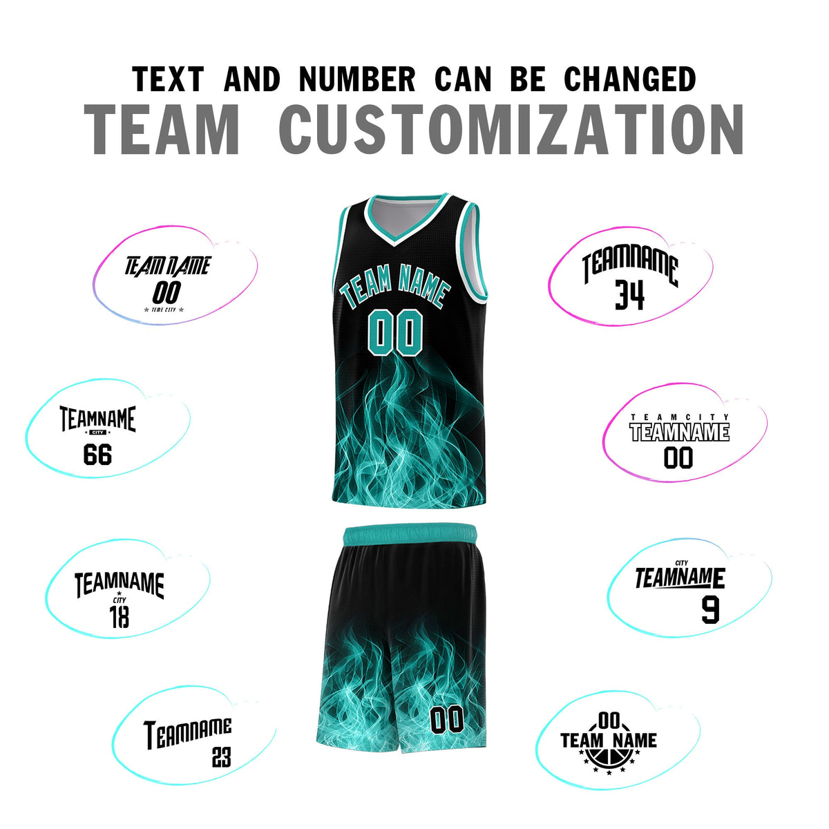 Custom Youth Basketball Jersey Black Aqua Flame Design Unique Team Uniform Set