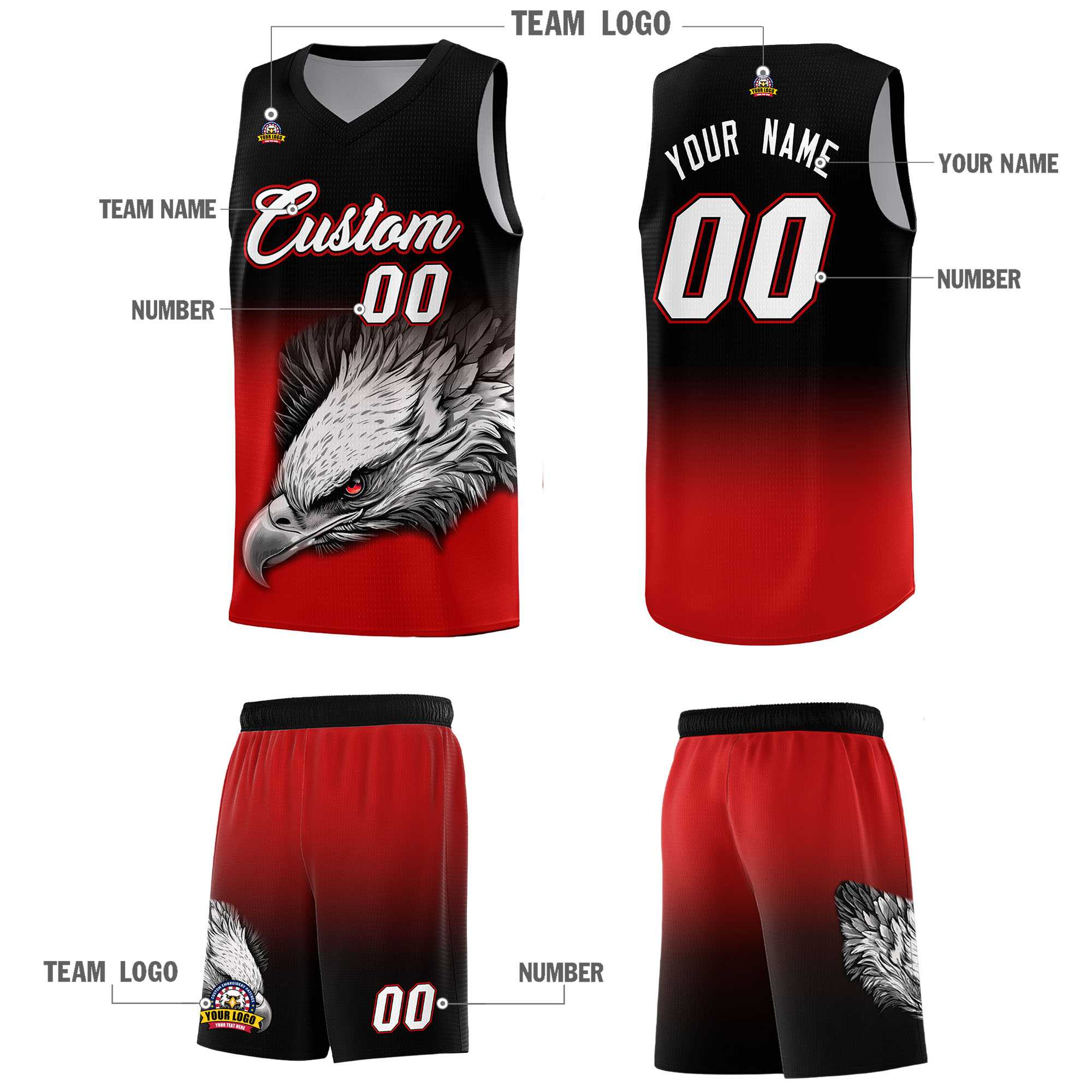 Custom Black Red Basketball Kits with Eagle Pattern