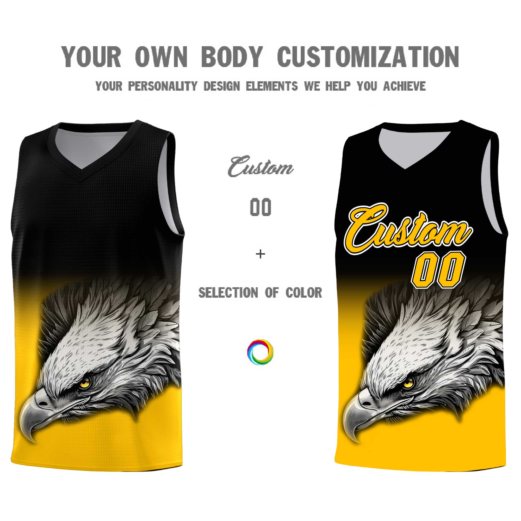 Custom Black Yellow Basketball Kits with Eagle Pattern