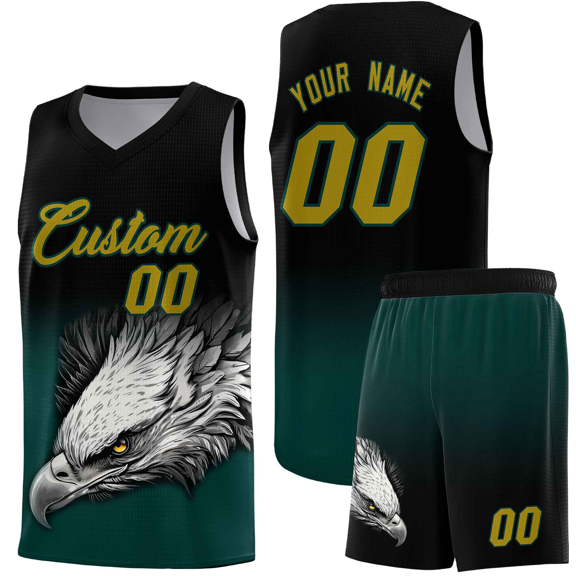 Custom Gray Black Basketball Kits with Eagle Pattern