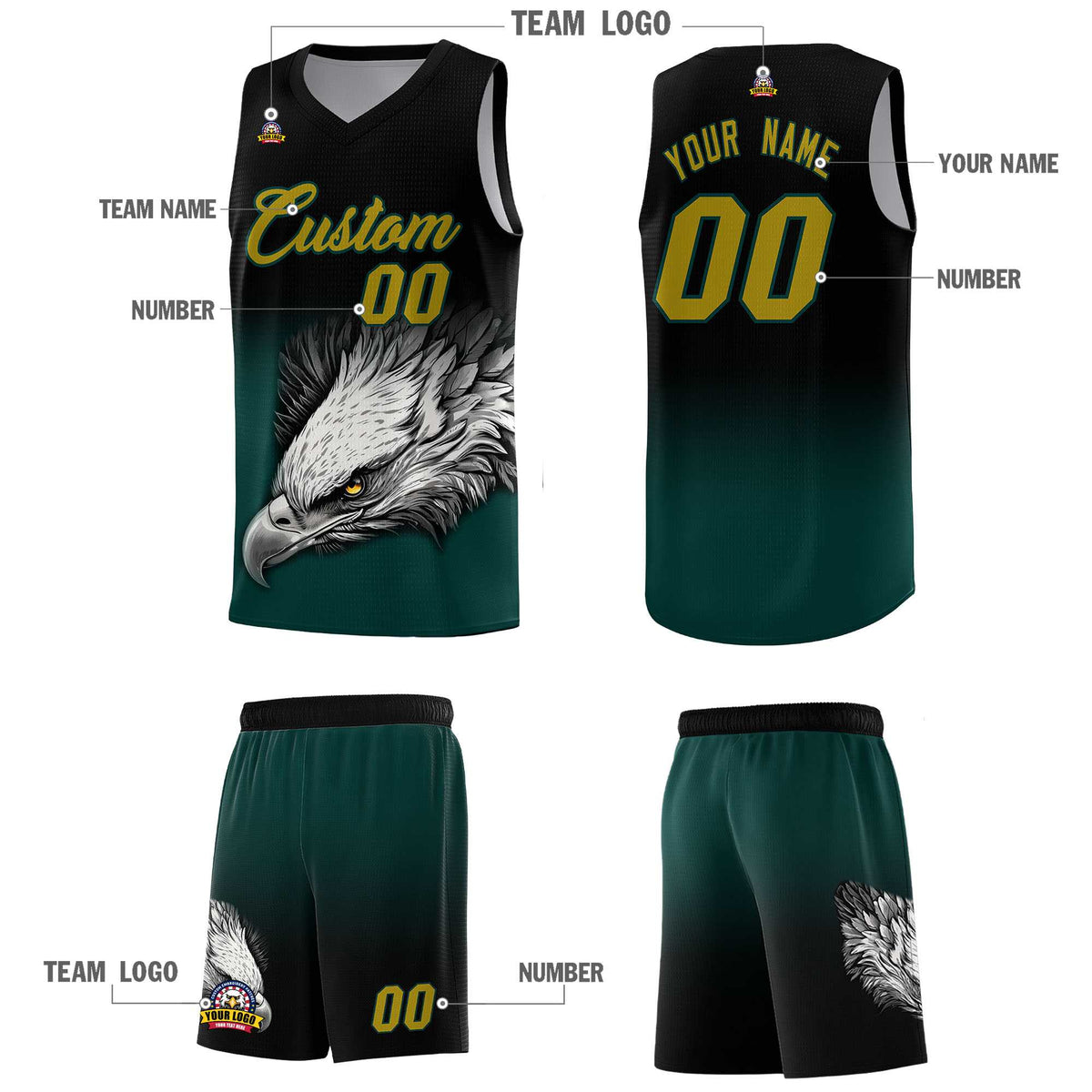 Custom Gray Black Basketball Kits with Eagle Pattern